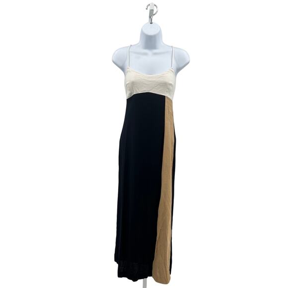 Zara Color Block Strappy Midi Dress WMNS M Black Tan White Scoop Cross Back Slit - Picture 1 of 11